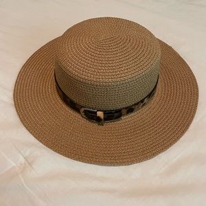 Forever 21 Women’s Wide Brim Flat Top Straw Summer Hat with Tortoise Belt Buckle